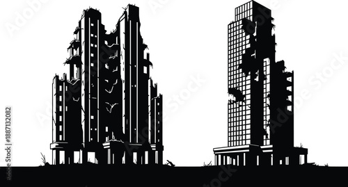 Abandoned Ruined City Buildings Silhouette Illustration Post Apocalypse Urban Decay Destroyed Skyscraper Vector Scene Design