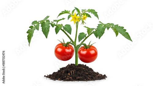 Vibrant tomato plant with two ripe tomatoes and a yellow flower