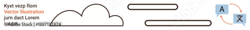 Language learning, translation services, conceptual ideas, cloud computing, communication tools, global technology. Abstract cloud, horizontal lines and language translation icons. Language learning