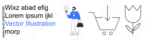 Innovation, e-commerce, creative ideas, business solutions, online shopping, minimalism. Businessman holding lightbulb, shopping cart icon flower outline. Innovation and e-commerce