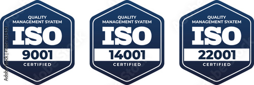 Set of blue hexagonal ISO certified badges for Quality Management System: ISO 9001, 14001, and 22001 standards