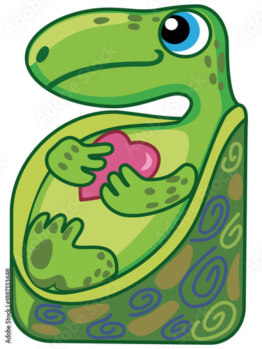 Kawaii little tortoise mascot with heart for nursery decor and stickers Adorable turtle hatchling character, love and care concept for kids
