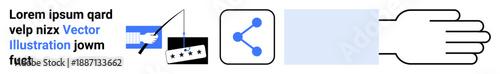 Technology, connectivity, digital sharing, fishing concept, open communication, teamwork. Visuals include a fishing hook, network sharing symbols and an open hand. Connectivity and digital sharing