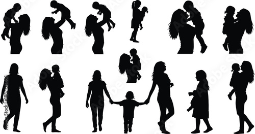 Silhouettes of people and women in various poses and activities vector illustration