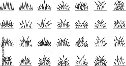 Grass And Bush Line Art Icon Vector Set