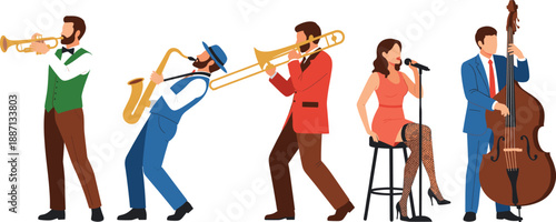 Jazz band performance illustration set featuring musicians playing trumpet, saxophone, trombone, double bass, and singing on stage in flat vector style