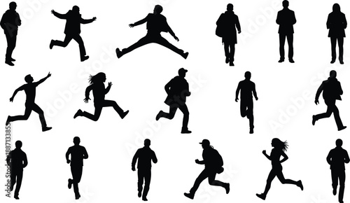 Silhouettes of people and women in various poses vector illustration collection