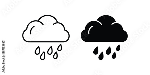 Two cloud icons with raindrops one outlined and one filled depict weather