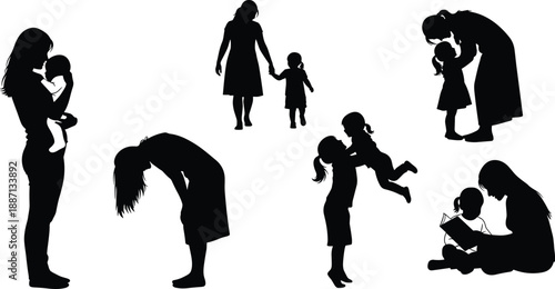 Silhouettes of people walking shopping and dancing in fashion style illustration