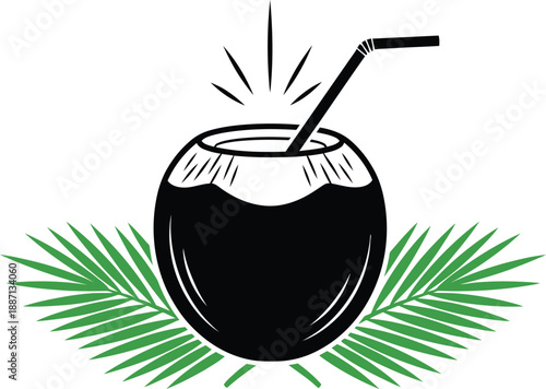 Refreshing tropical coconut drink with straw and palm leaves