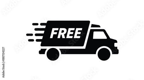Black silhouette of a delivery van with a free label and speed lines
