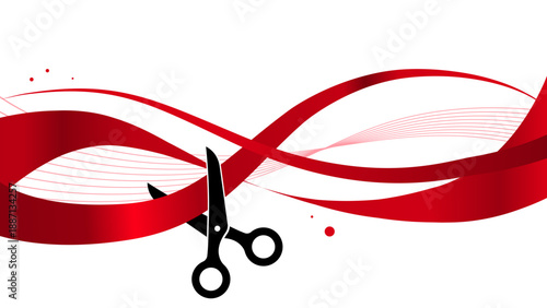 Grand opening banner with scissors cutting red ribbon and copy space, celebration concept vector illustration. White background