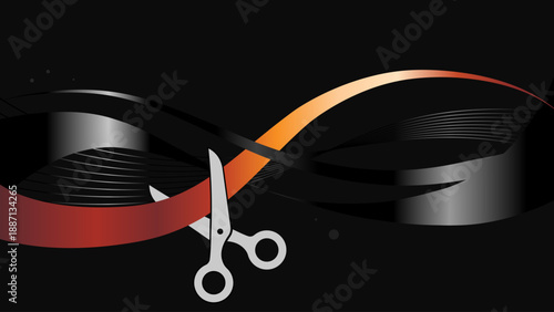 Grand opening banner with scissors cutting ribbon and copy space, celebration concept vector illustration. Black background