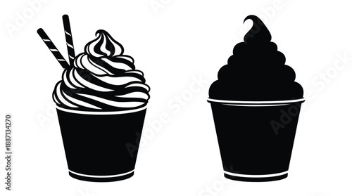 Black and white illustration of two soft serve ice creams in cups