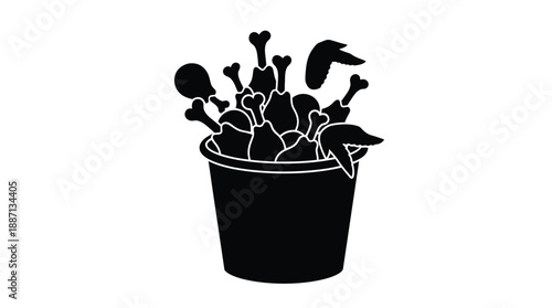 A black and white illustration of fried chicken in a bucket