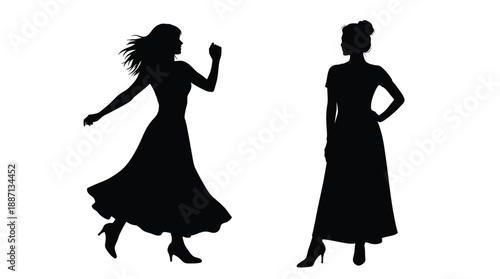 Silhouettes of two women in long dresses one walking and one posing