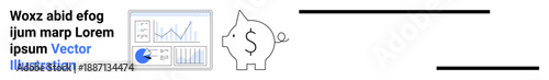 Financial dashboard with charts and graphs next to a piggy bank icon with a dollar sign. Ideal for budgeting, accounting, investment, finance, banking, planning, simple landing page