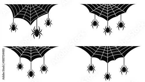 Black spiderwebs with dangling spiders a spooky halloween illustration