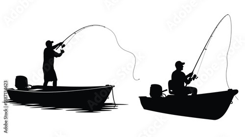 Two fishermen in boats silhouetted against water enjoying a peaceful day