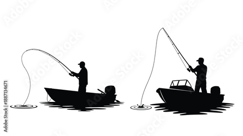 Silhouettes of two fishermen in boats enjoying a peaceful day on the water