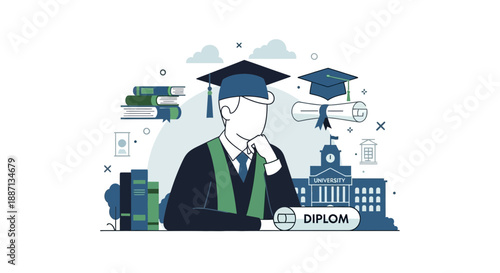 Graduate in cap and gown with diploma and academic building.