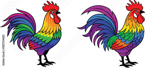 Vibrant rooster with rainbow feathers standing proudly