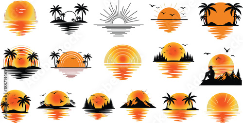 Vibrant sunset scenes with palm trees and mountains by serene water