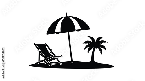 A tranquil beach scene featuring a palm tree umbrella and deck chair