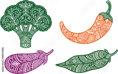 Vibrant vegetable illustrations with intricate designs