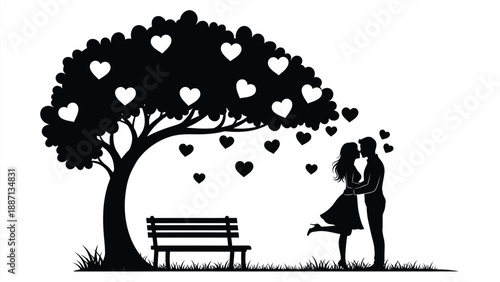 A loving couple shares a tender moment beneath a tree of hearts