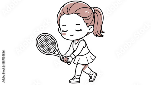 Chibi Tennis Girl Illustration, chibi, tennis, girl, cute, kawaii, sports, illustration, pastel, cartoon, character, racket, tennis ball, playful, athlete, active, sporty, youth, fun, adorable, 