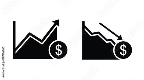 Financial charts depicting market growth and decline with currency symbols