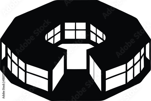 Modern luxury mansion silhouette with large windows and grand entrance staircase isolated on white background for real estate and architectural design.