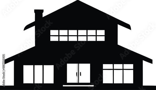 Simple two story suburban house silhouette with gabled roof and chimney isolated on white background for residential real estate and home icon design.