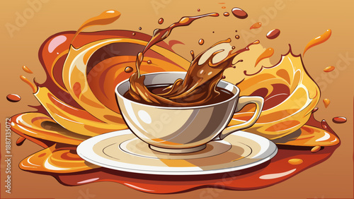 Very beautiful dynamic coffee splash frozen mid air as it rises from a white cup and saucer, capturing energy, motion, and freshness in a dramatic beverage moment.