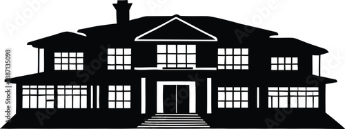 Modern luxury mansion silhouette with large windows and grand entrance staircase isolated on white background for real estate and architectural design.