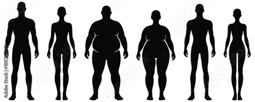 Human body type silhouette set, Male and female anatomy shapes, Slim and overweight body figure collection