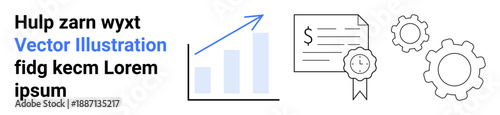Business development, financial growth, corporate strategy, certifications, productivity, analysis. A chart with an upward arrow, document with seal and cogwheels. Financial growth and business