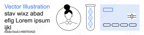 Genetics, healthcare, biotechnology, DNA analysis, scientific research, medical testing. DNA helix in tube, human profile scientific interface. Genetics and healthcare conceptual art