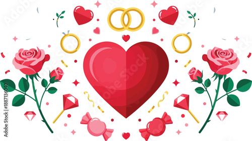 A colorful illustration of a large red heart surrounded by roses, doves, and wedding rings on a white background.