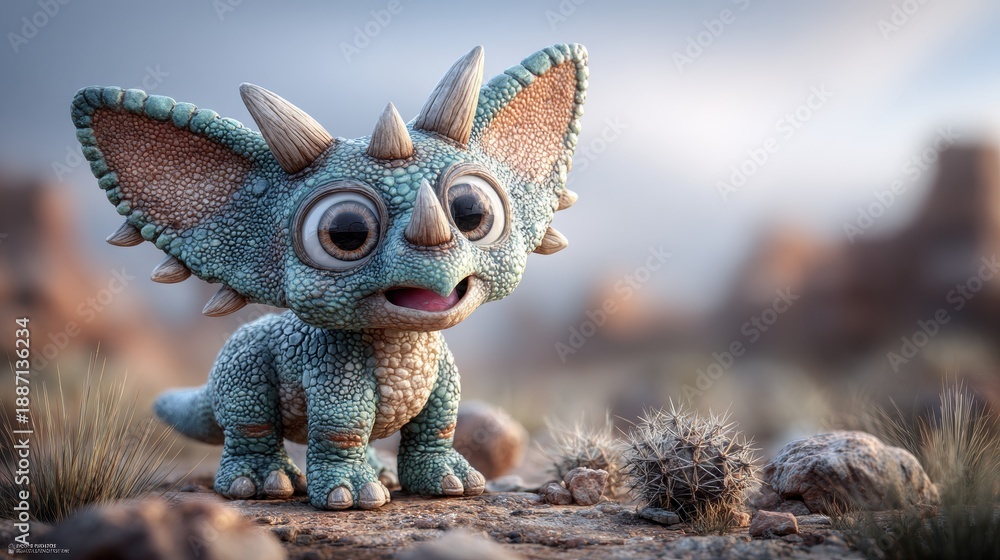 Fototapeta premium Adorable Triceratops Dinosaur Cartoon Character in Desert Landscape