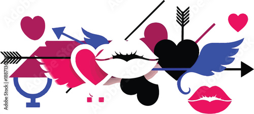A colorful graphic illustration of love and romance symbols on a white background