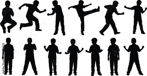  Dynamic Silhouettes: A series of black silhouettes depicts children in dynamic poses. Capturing a range of movements, these figures represent the energy and agility of youth.