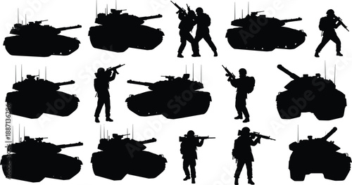 Shadows of Conflict: Silhouetted soldiers and powerful tanks create a dramatic and intense composition, evoking a sense of military strength and potential conflict.