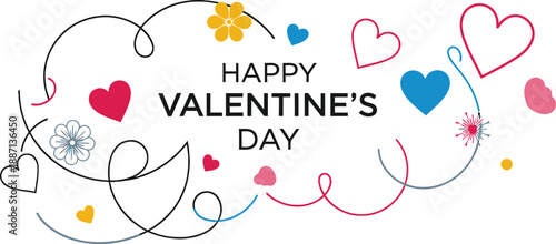 A colorful Valentine's Day graphic with hearts and flowers on a white background