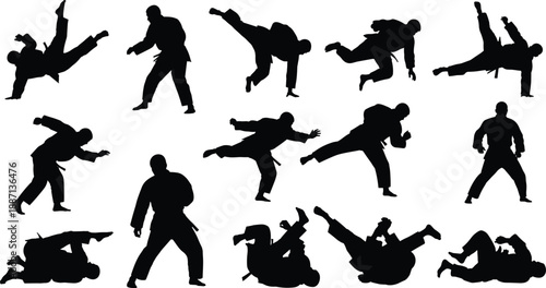 Dynamic Combat: A collection of dynamic silhouettes portrays the art of self-defense, showcasing a sequence of impactful movements that capture the intensity of combat sports.