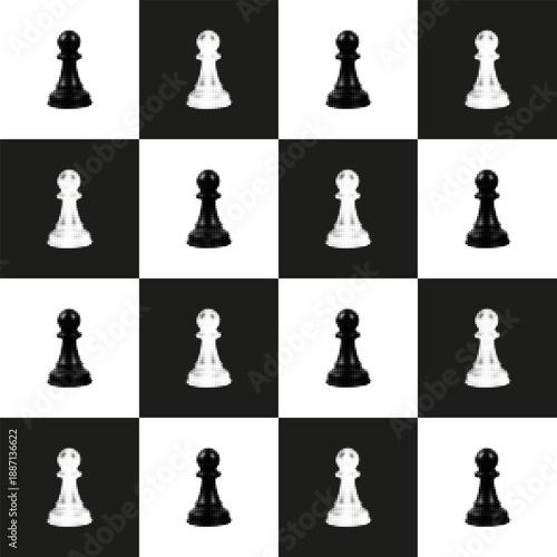 Seamless chess pawn pattern in black and white halftone style. Repeating geometric board layout with contrasting pawns, ideal for strategy, game, abstract, or modern graphic design.
