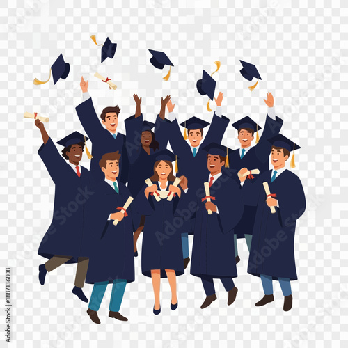 Diverse graduates in caps and gowns toss hats in celebration.