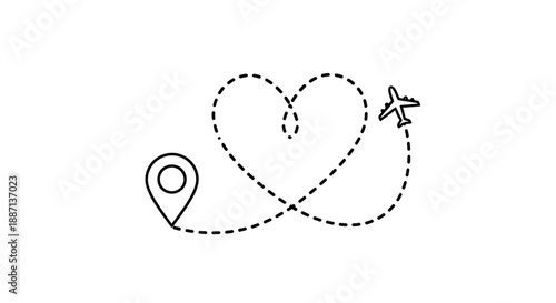 Romantic getaway travel concept with airplane and heart shaped route