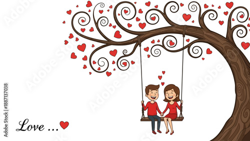 Happy couple swinging on tree branch surrounded by hearts
